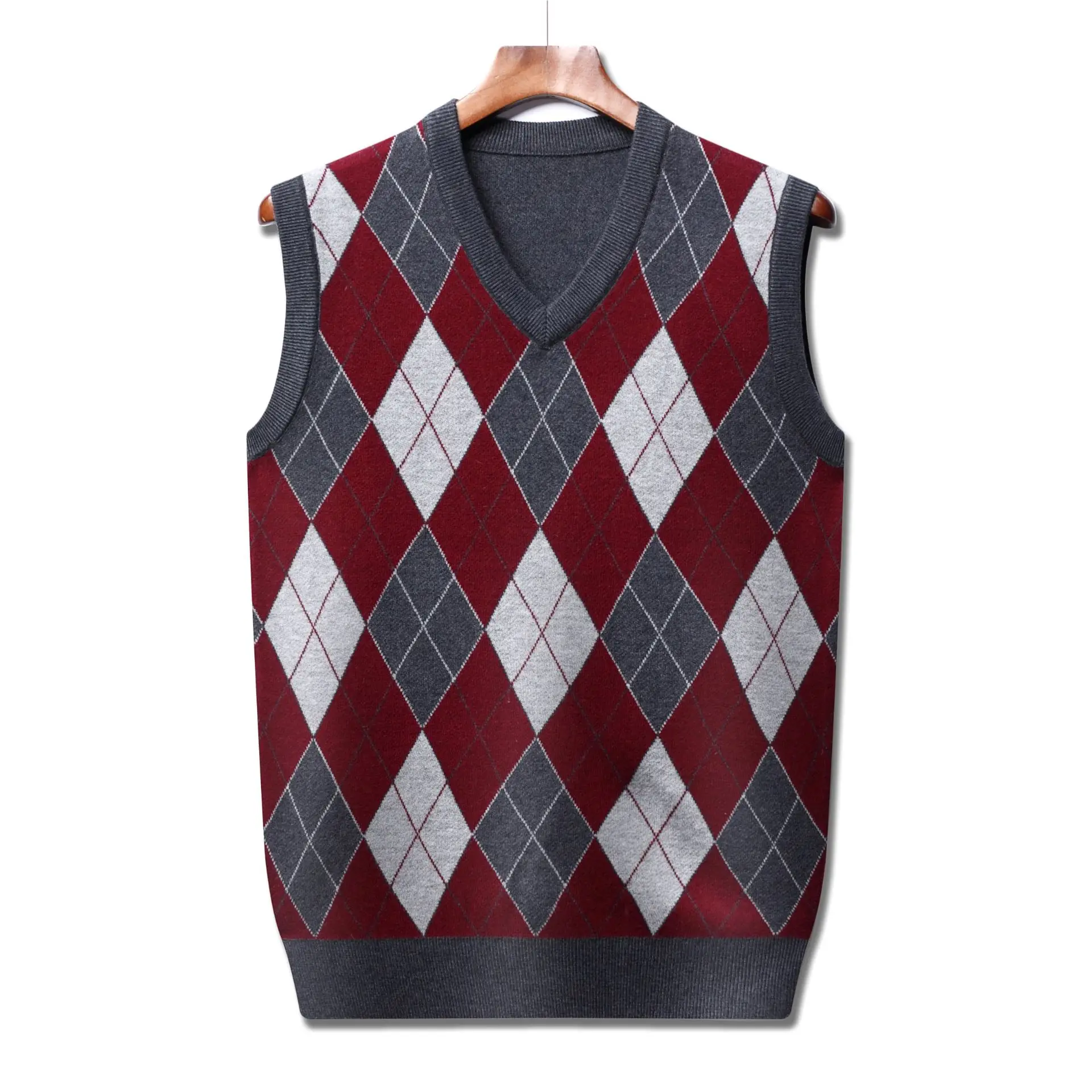 Men's Knitted V Neck Vest Maroon Blue Argyle - Image 2