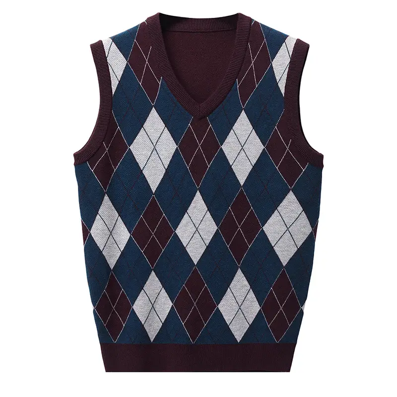 Men's Knitted V Neck Vest Maroon Blue Argyle - Image 3