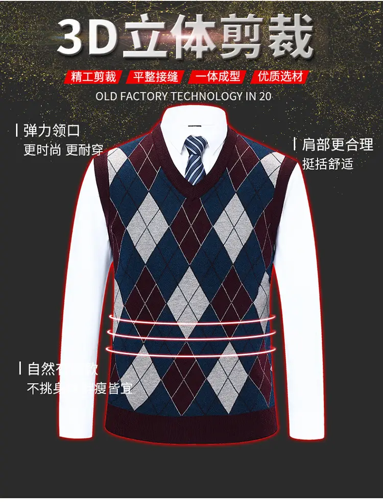 Men's Knitted V Neck Vest Maroon Blue Argyle — feature 1