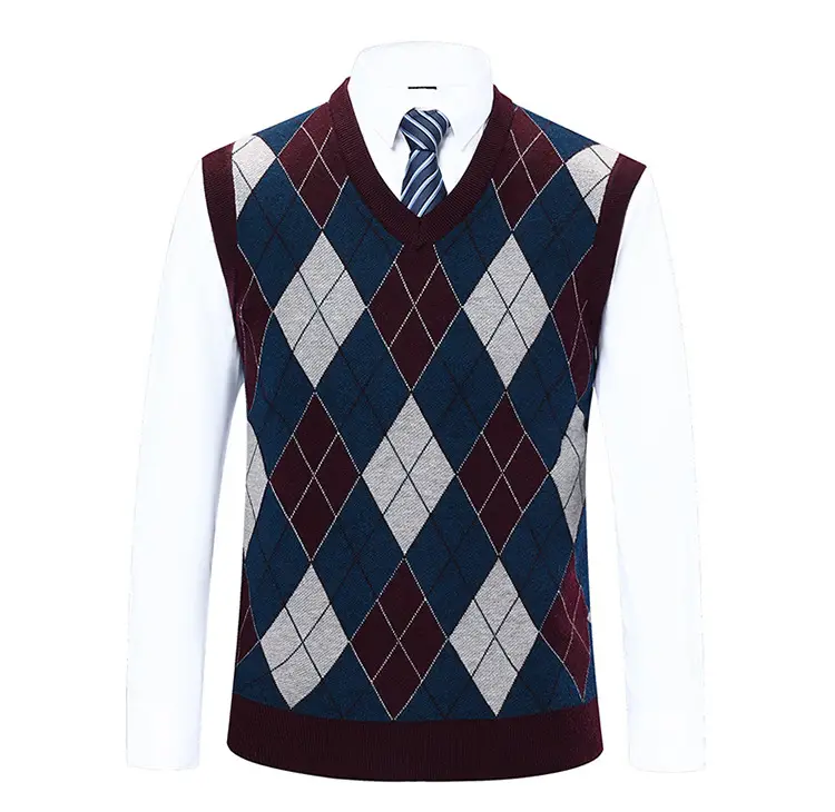 Men's Knitted V Neck Vest Maroon Blue Argyle — feature 5