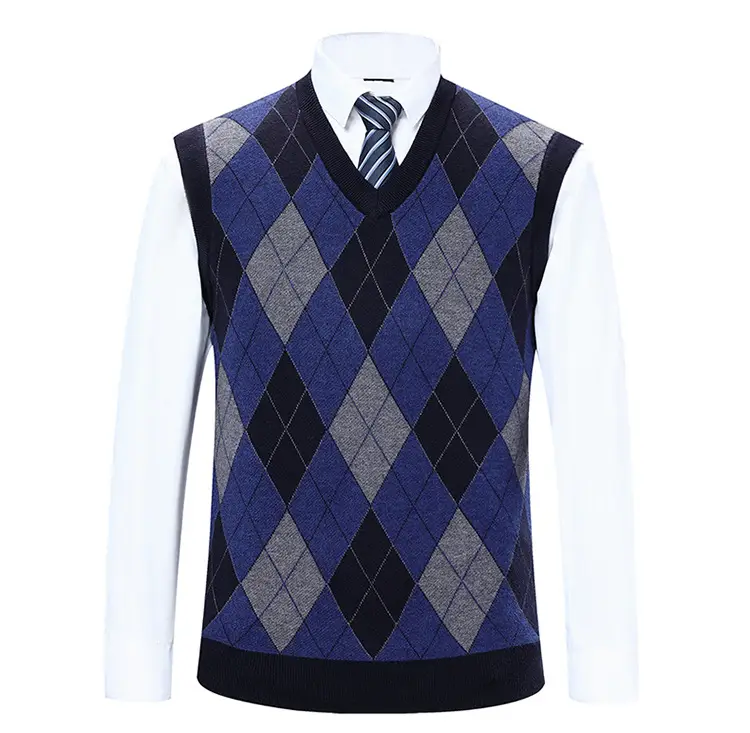 Men's Knitted V Neck Vest Maroon Blue Argyle — feature 6