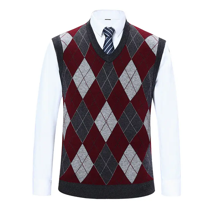 Men's Knitted V Neck Vest Maroon Blue Argyle — feature 7