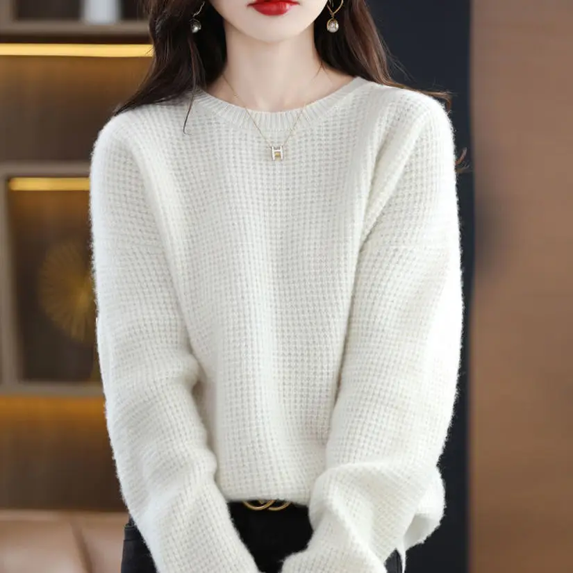 Women Cream Knitted Round Neck Pullover Sweater - Image 5