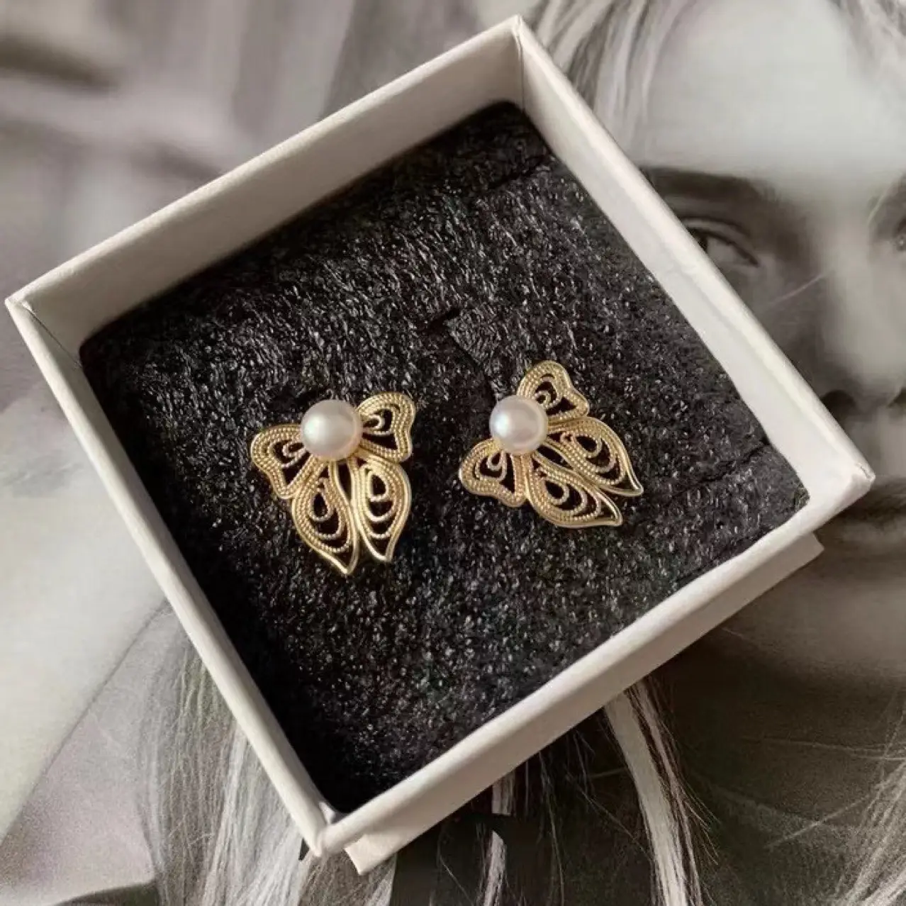 Filigree Butterfly Earrings Pearl Gentle French - Image 5