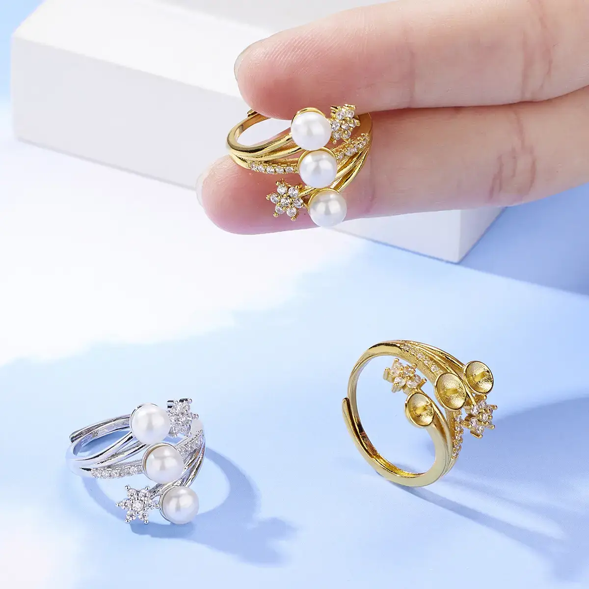 Natural Pearl Zircon Rings Gold Plated Adjustable Creative Jewelry - Image 3
