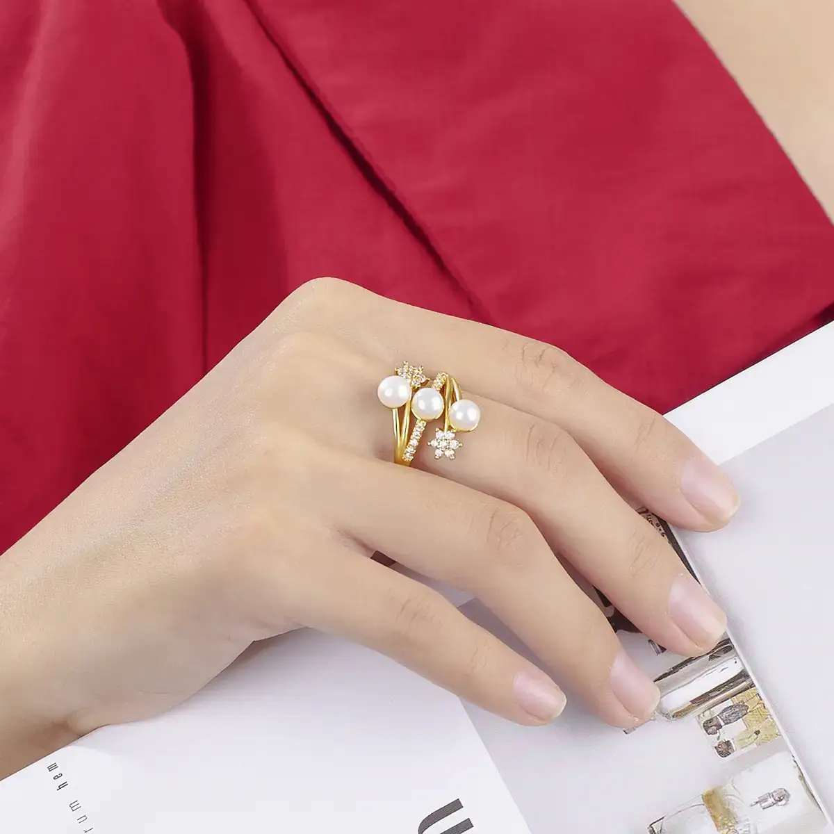 Natural Pearl Zircon Rings Gold Plated Adjustable Creative Jewelry - Image 4
