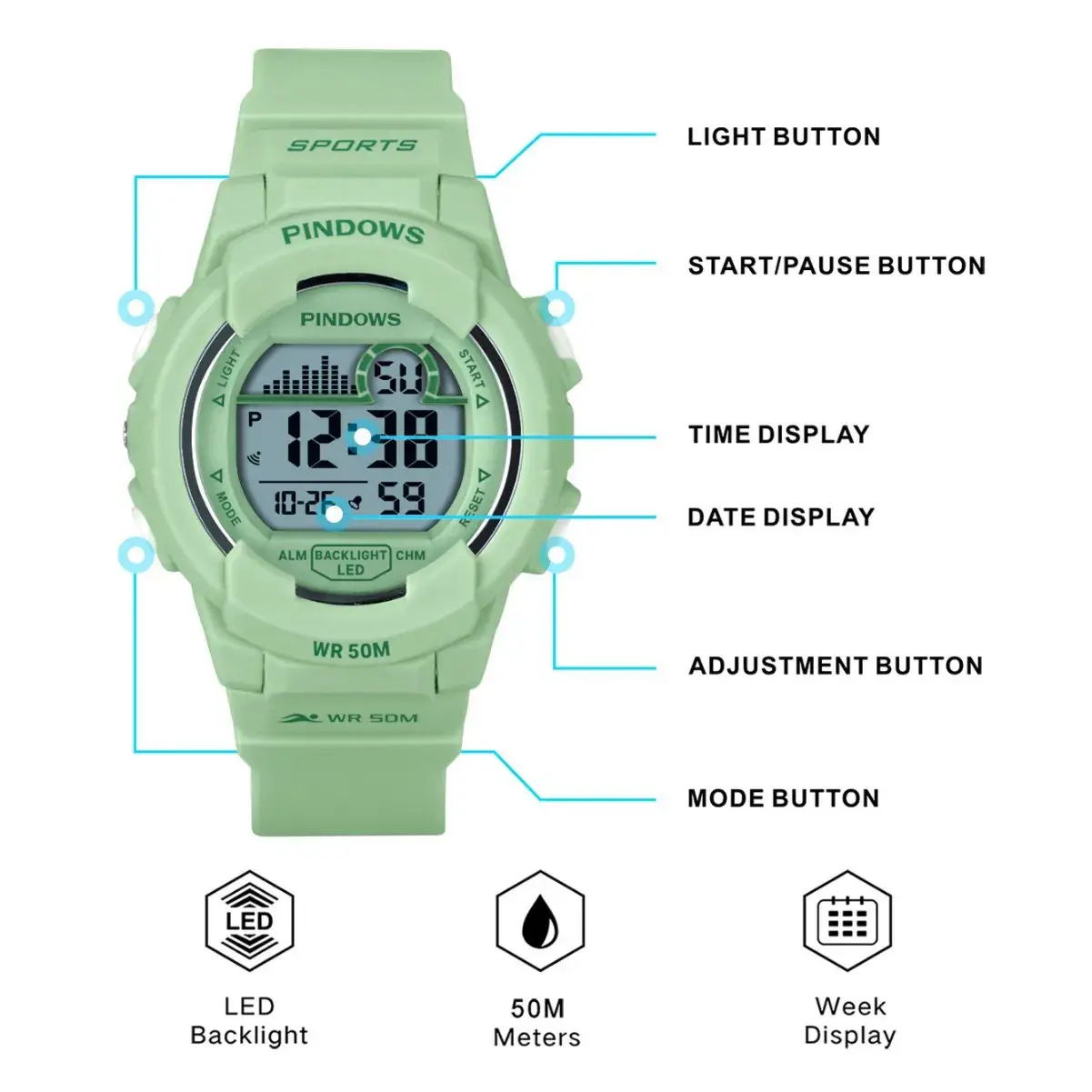 Waterproof Green Digital Watch for Men Women - Image 8