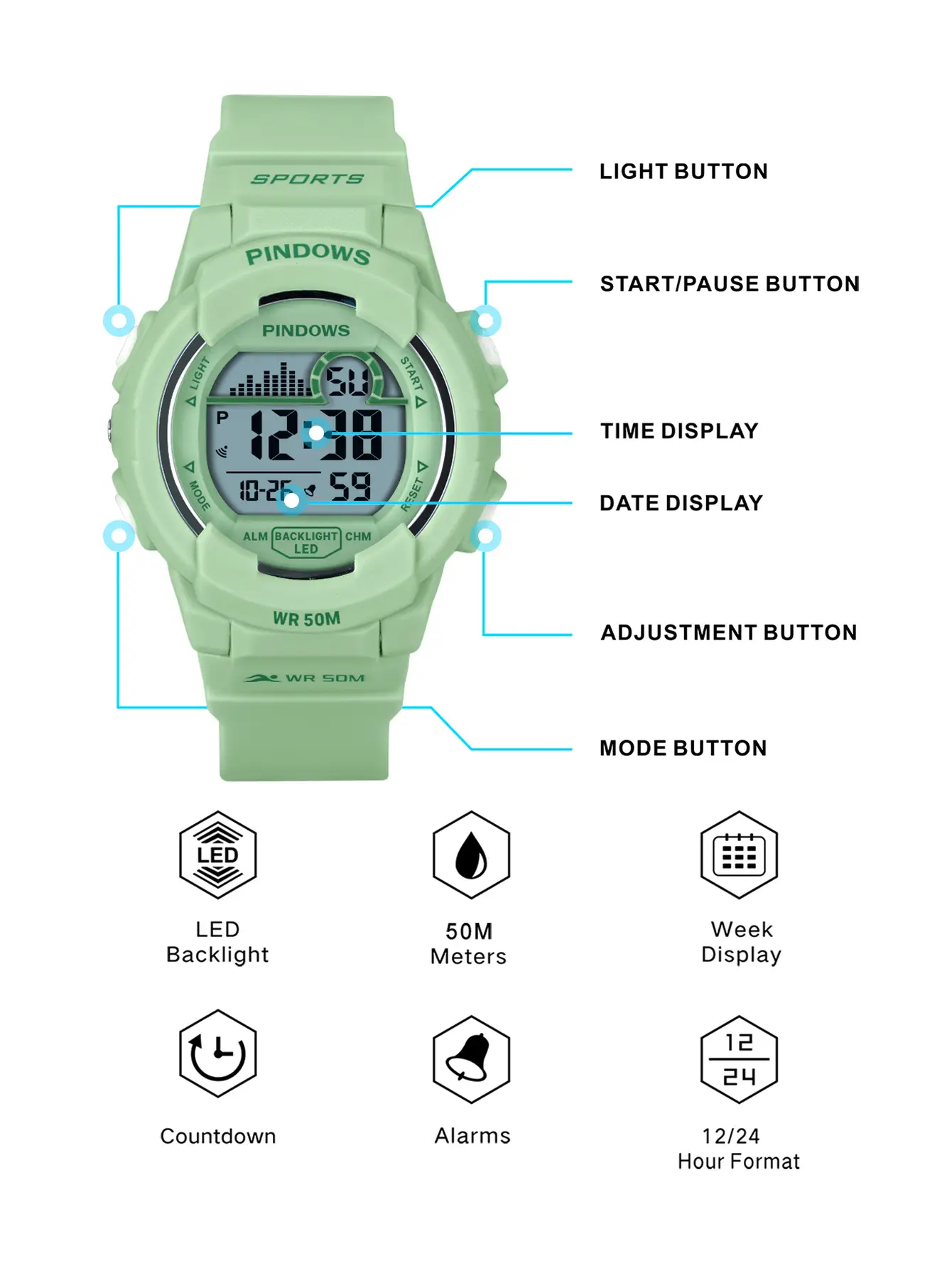 Waterproof Green Digital Watch for Men Women — feature 5
