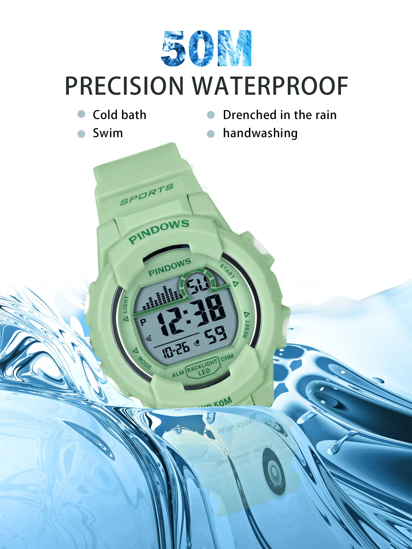 Waterproof Green Digital Watch for Men Women — feature 6