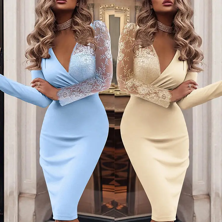 Women's Light Blue Lace V-Neck Slim Fit Dress