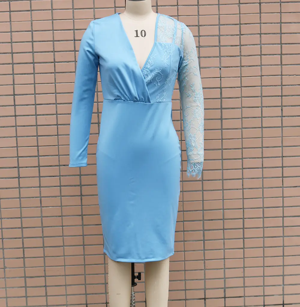 Women's Light Blue Lace V-Neck Slim Fit Dress — feature 2