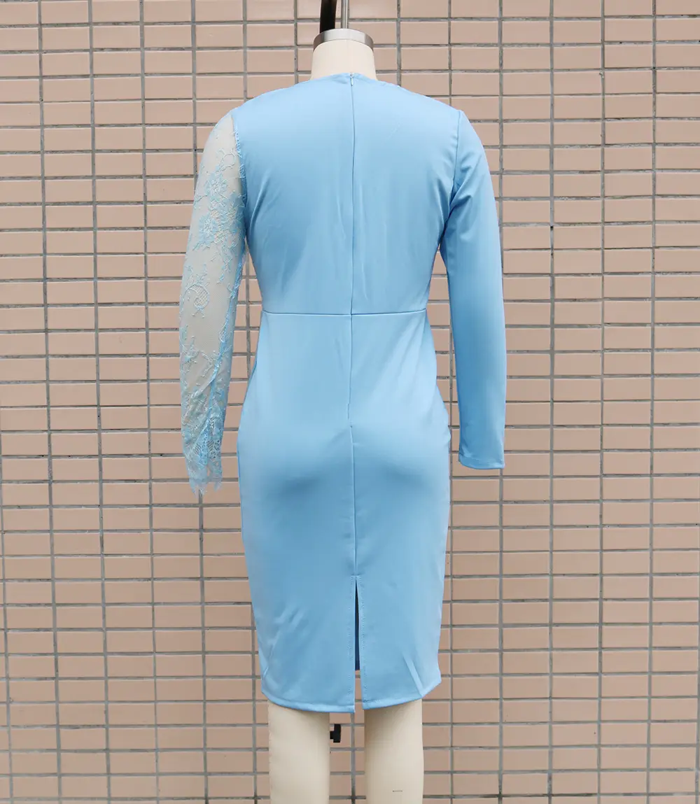 Women's Light Blue Lace V-Neck Slim Fit Dress — feature 4