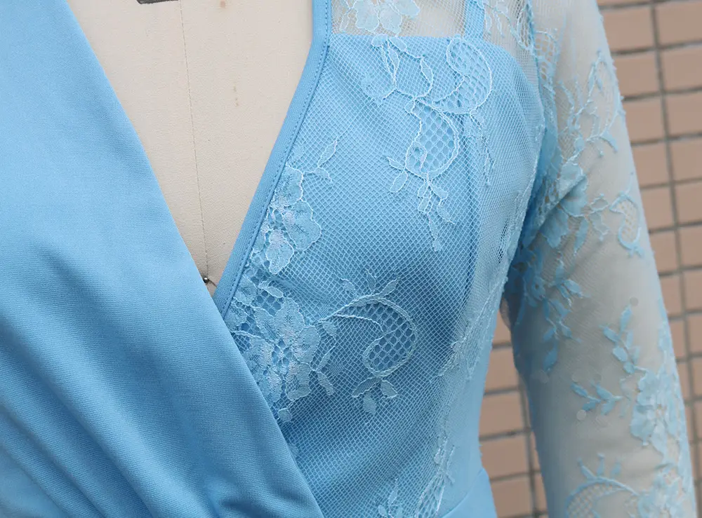 Women's Light Blue Lace V-Neck Slim Fit Dress — feature 6
