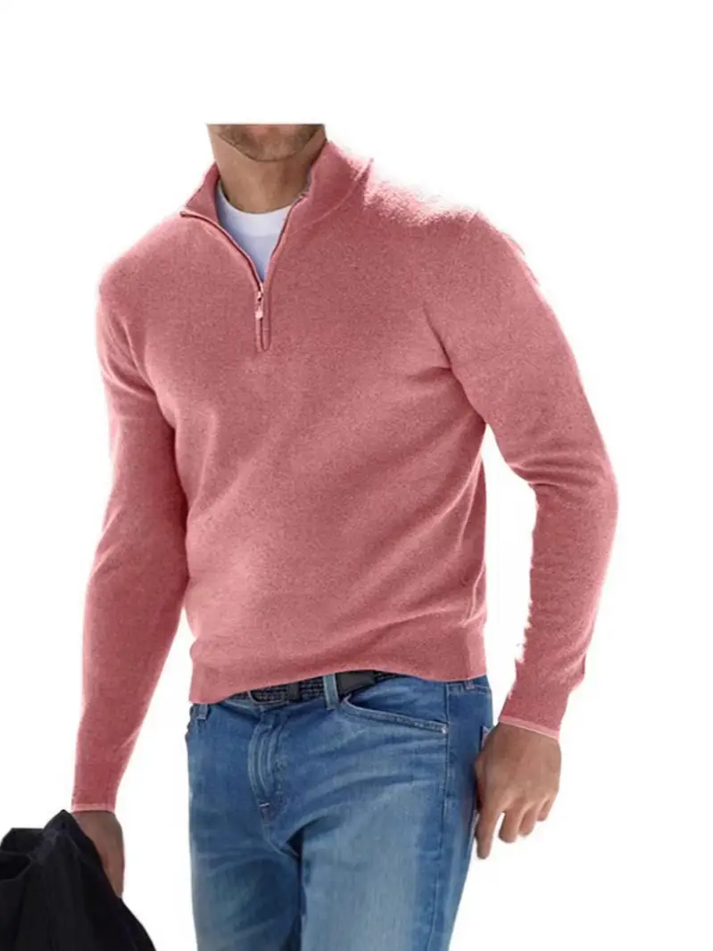 Men's Pink Wool Velvet V Neck Zipper Top - Image 15