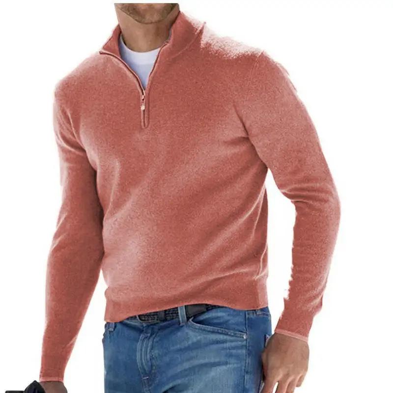 Men's Pink Wool Velvet V Neck Zipper Top - Image 2