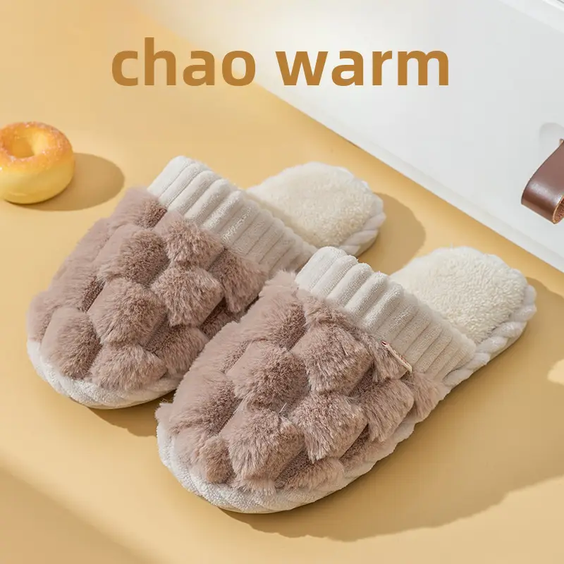 Cixi Cotton Slippers for Women Spring and Autumn and Winter Home Indoor Non-slip Home Winter Warm Wool Plush Couple Men