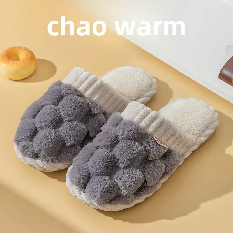 Cixi Cotton Slippers for Women Spring and Autumn and Winter Home Indoor Non-slip Home Winter Warm Wool Plush Couple Men