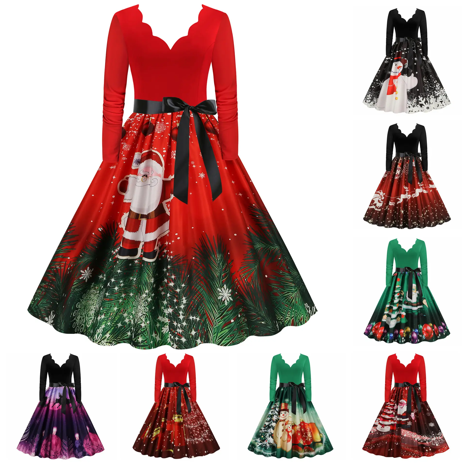 Red Burnt Flower Long Sleeve V-Neck Dress for Women
