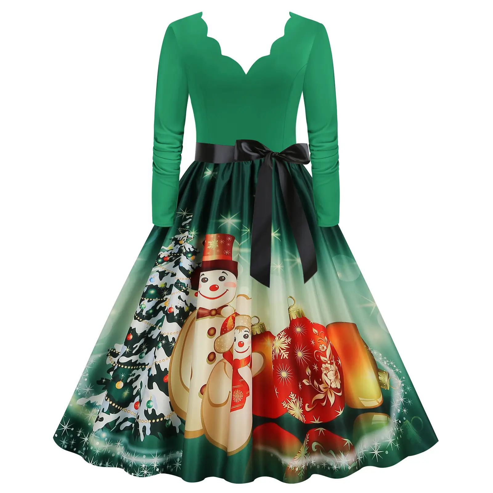 Red Burnt Flower Long Sleeve V-Neck Dress for Women