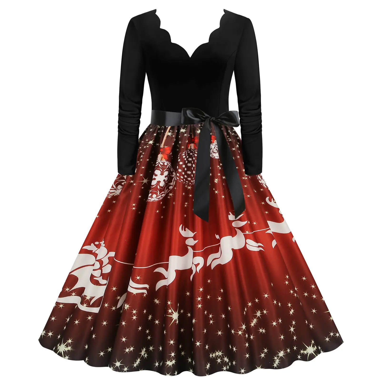 Red Burnt Flower Long Sleeve V-Neck Dress for Women