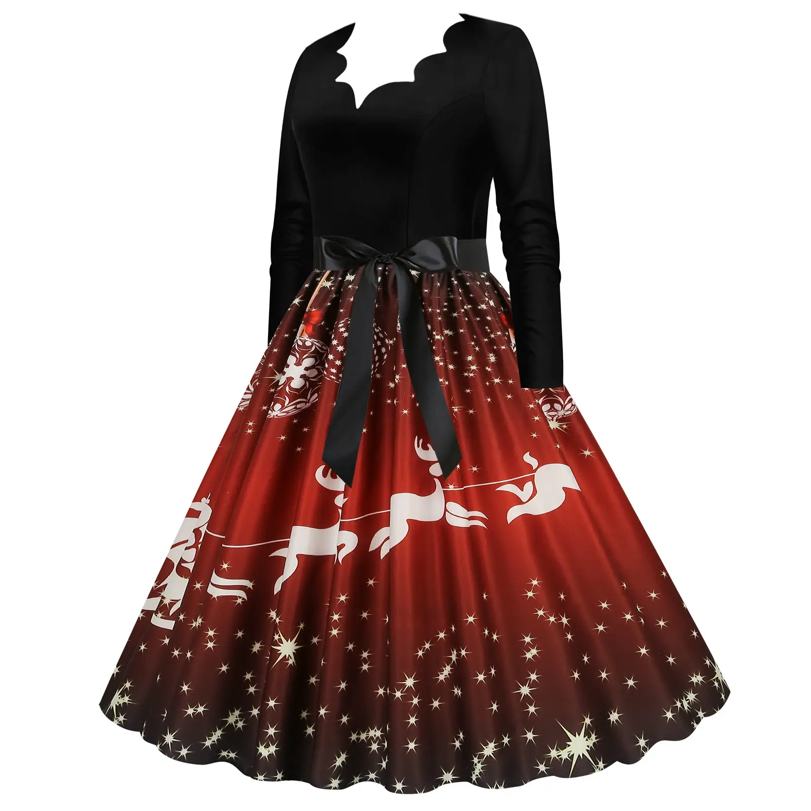 Red Burnt Flower Long Sleeve V-Neck Dress for Women — feature 13
