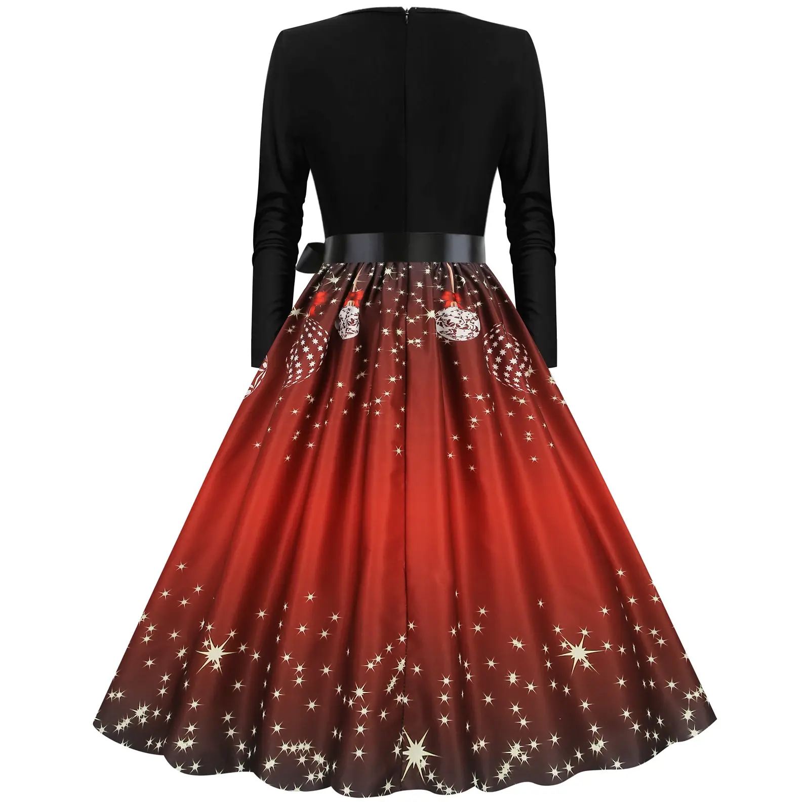 Red Burnt Flower Long Sleeve V-Neck Dress for Women — feature 14
