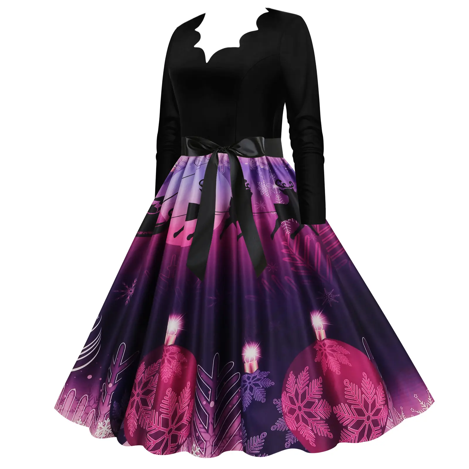 Red Burnt Flower Long Sleeve V-Neck Dress for Women — feature 16