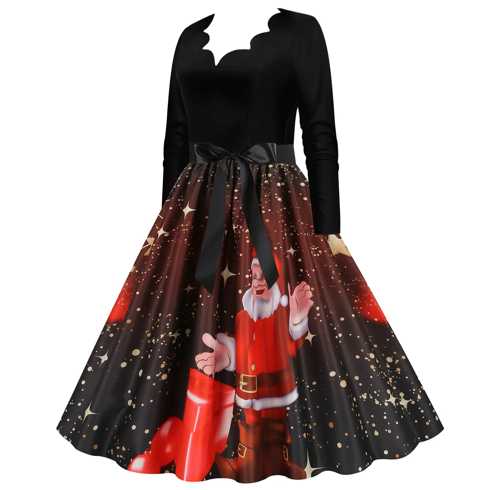 Red Burnt Flower Long Sleeve V-Neck Dress for Women — feature 19
