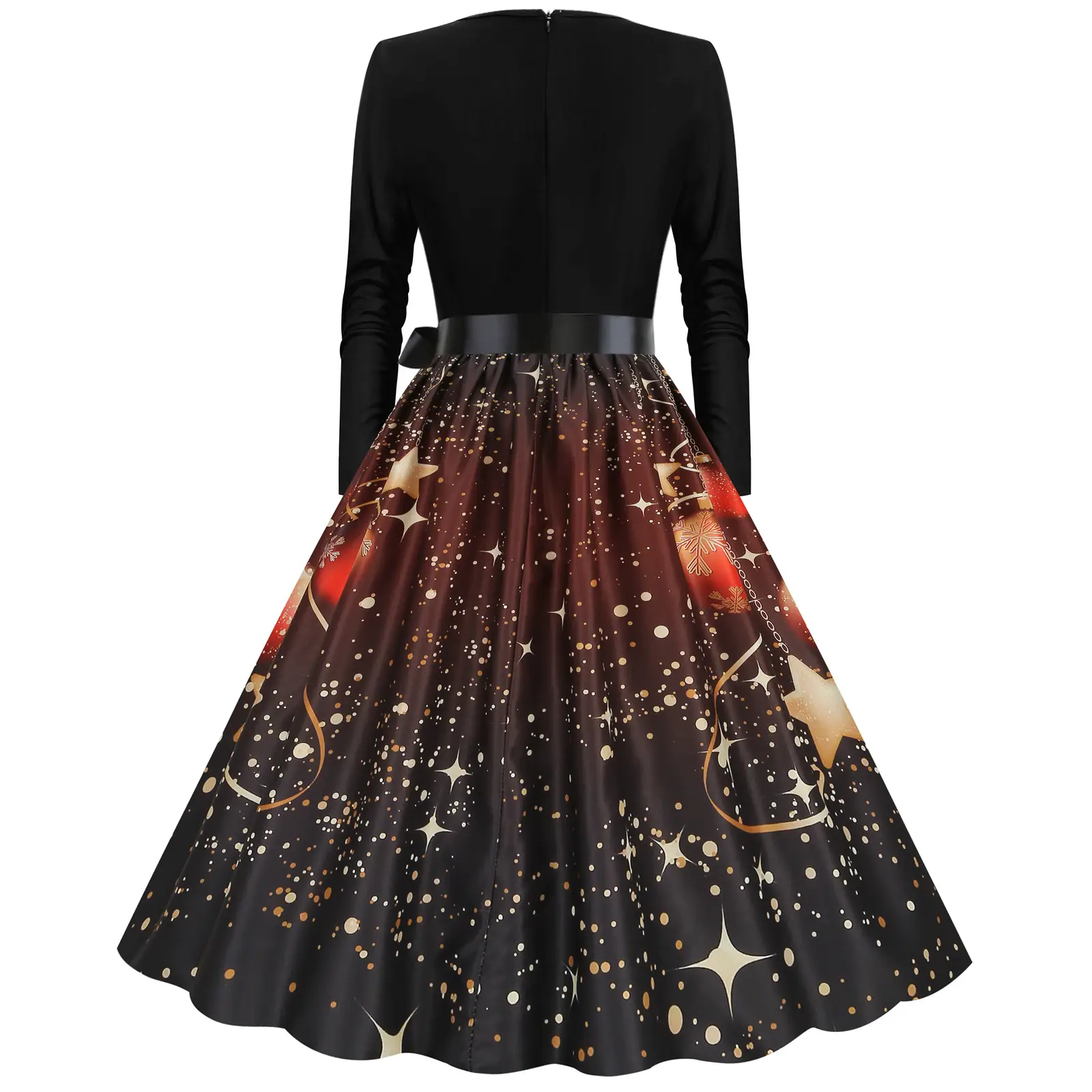 Red Burnt Flower Long Sleeve V-Neck Dress for Women — feature 20