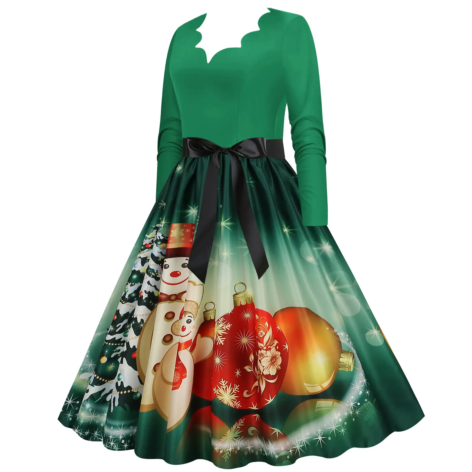 Red Burnt Flower Long Sleeve V-Neck Dress for Women — feature 22