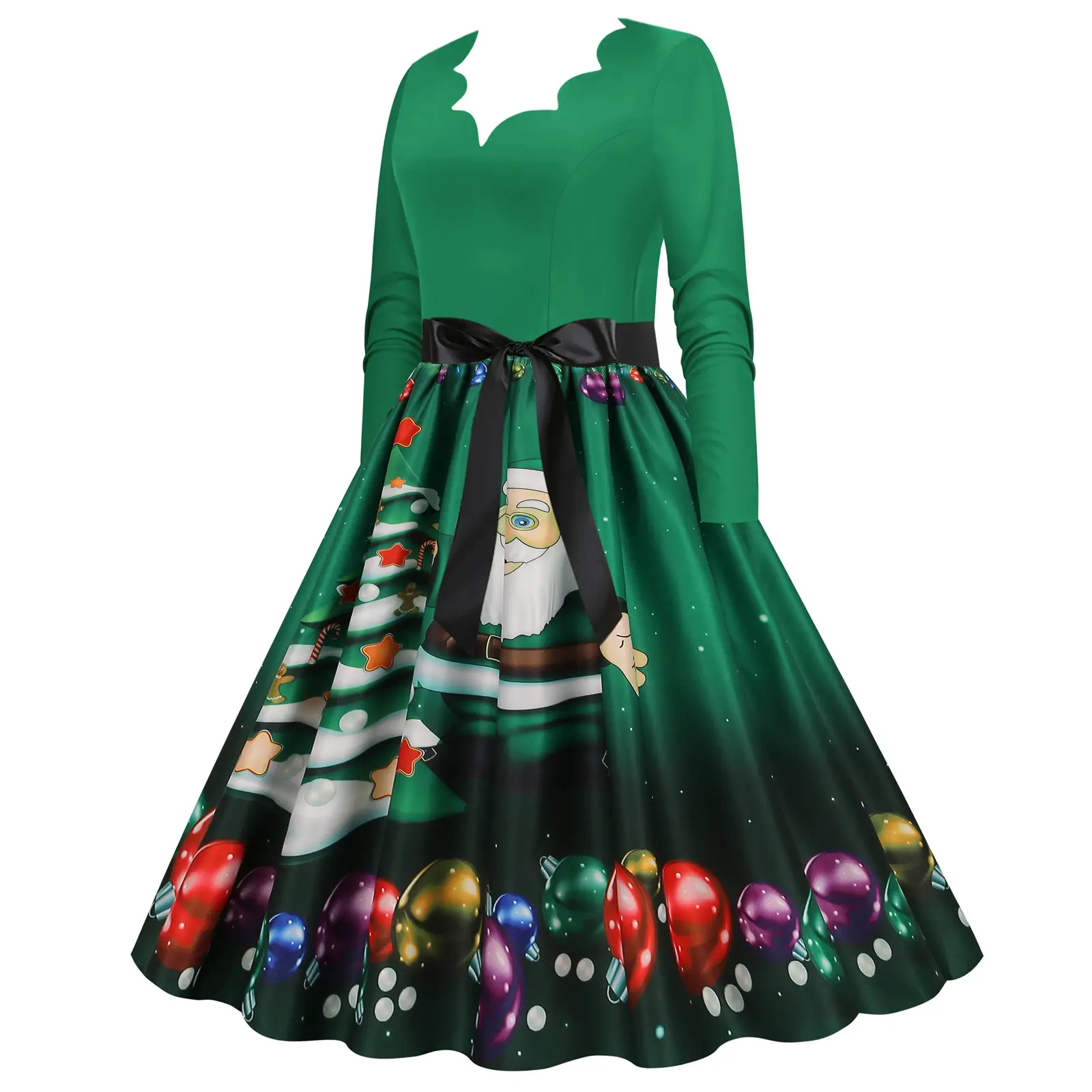 Red Burnt Flower Long Sleeve V-Neck Dress for Women — feature 25