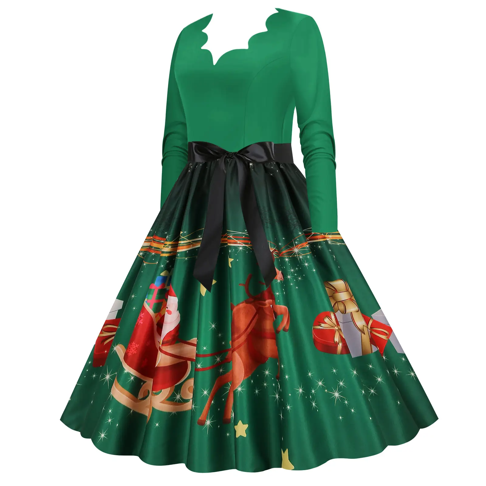 Red Burnt Flower Long Sleeve V-Neck Dress for Women — feature 28