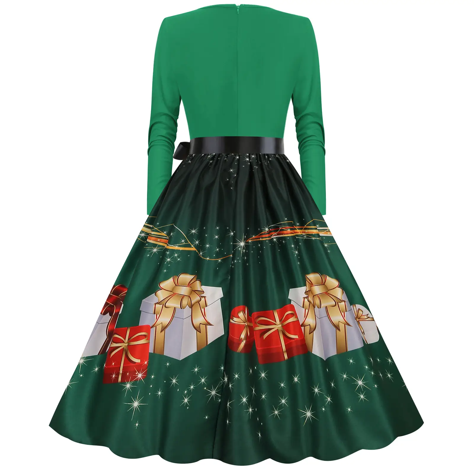 Red Burnt Flower Long Sleeve V-Neck Dress for Women — feature 29