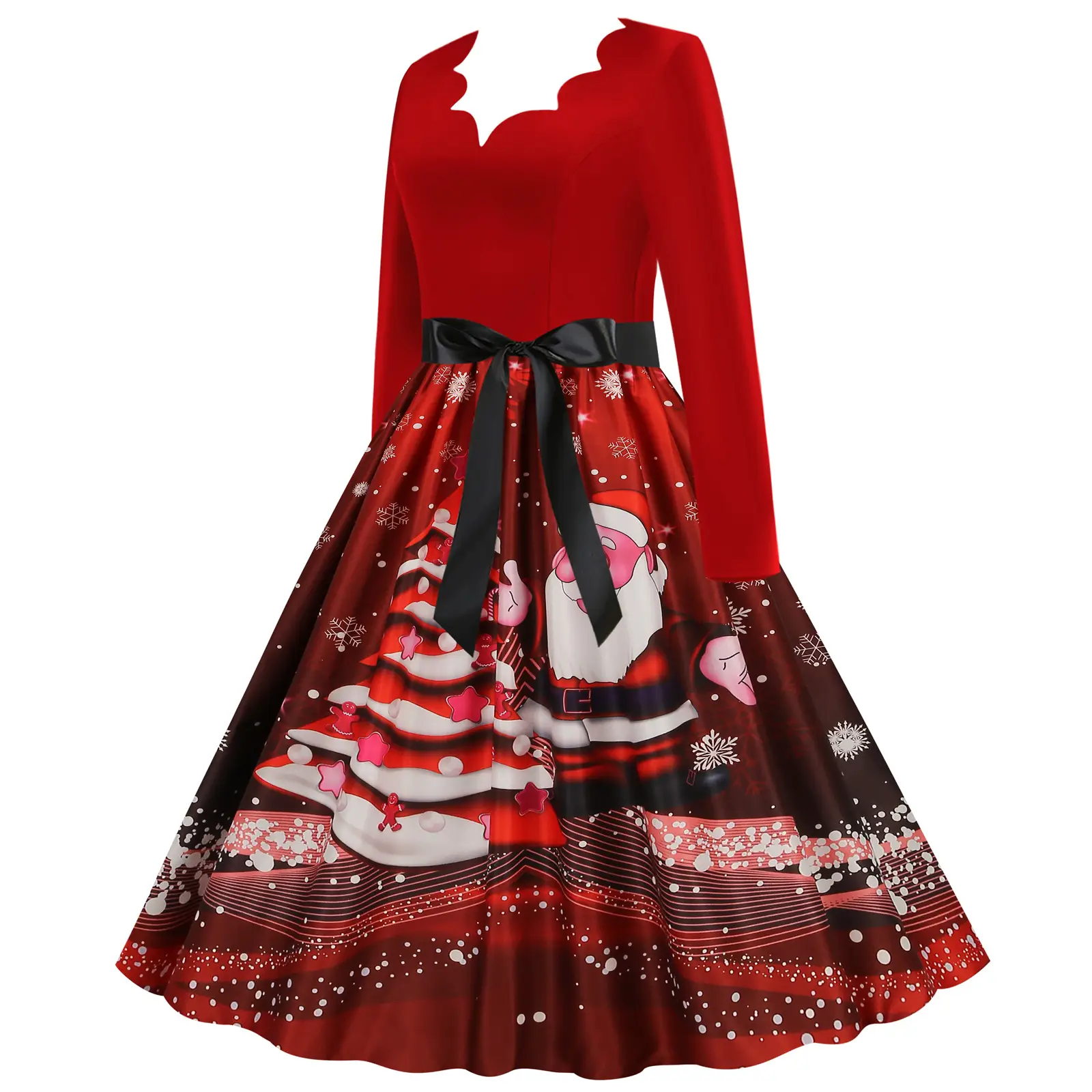 Red Burnt Flower Long Sleeve V-Neck Dress for Women — feature 31