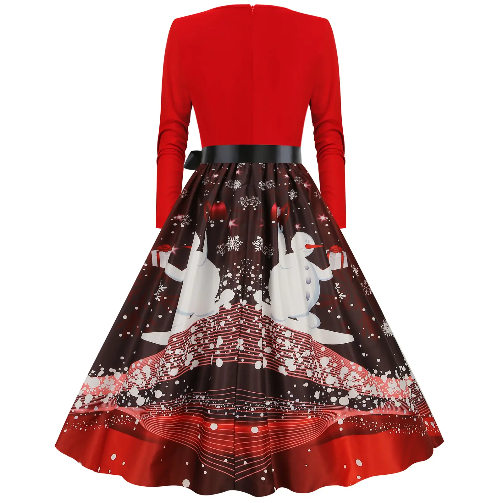 Red Burnt Flower Long Sleeve V-Neck Dress for Women — feature 32