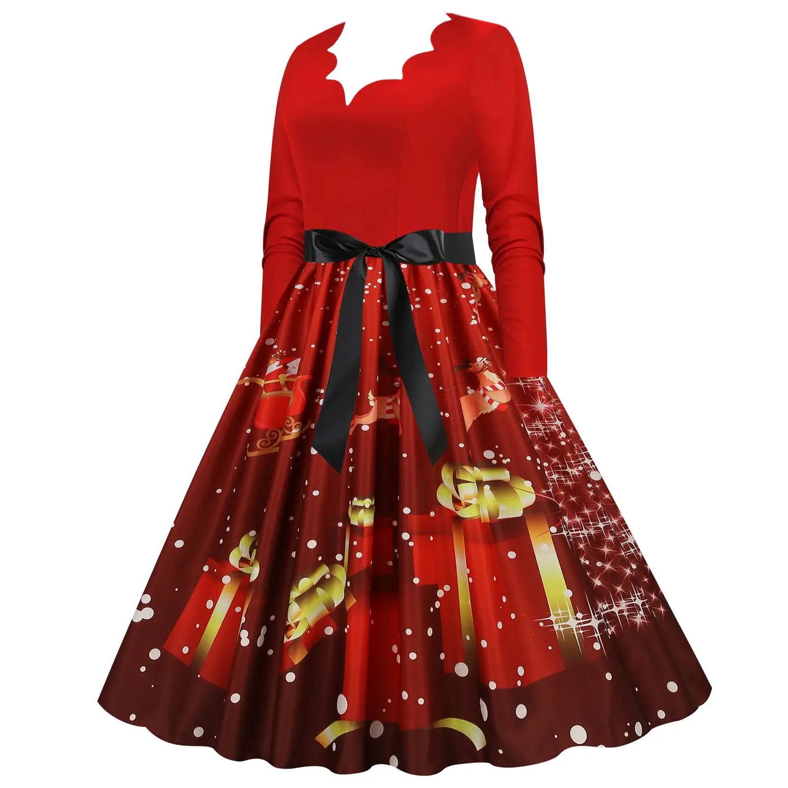 Red Burnt Flower Long Sleeve V-Neck Dress for Women — feature 34