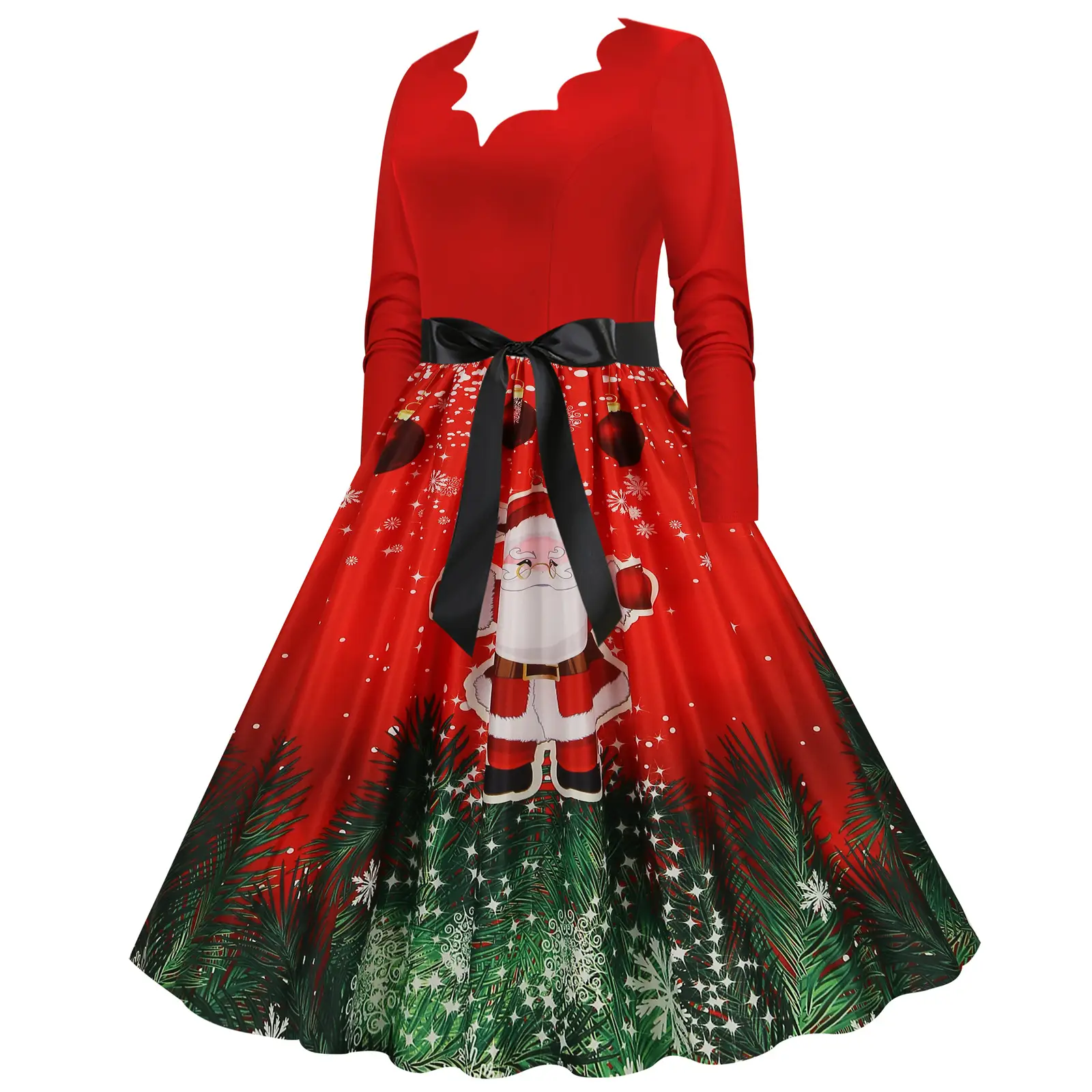 Red Burnt Flower Long Sleeve V-Neck Dress for Women — feature 37