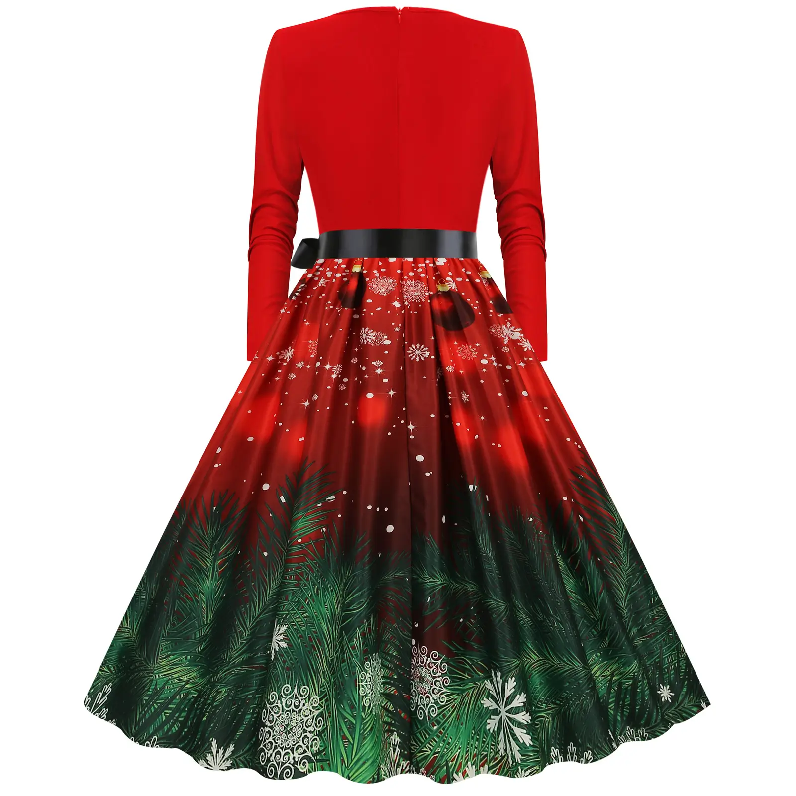 Red Burnt Flower Long Sleeve V-Neck Dress for Women — feature 38