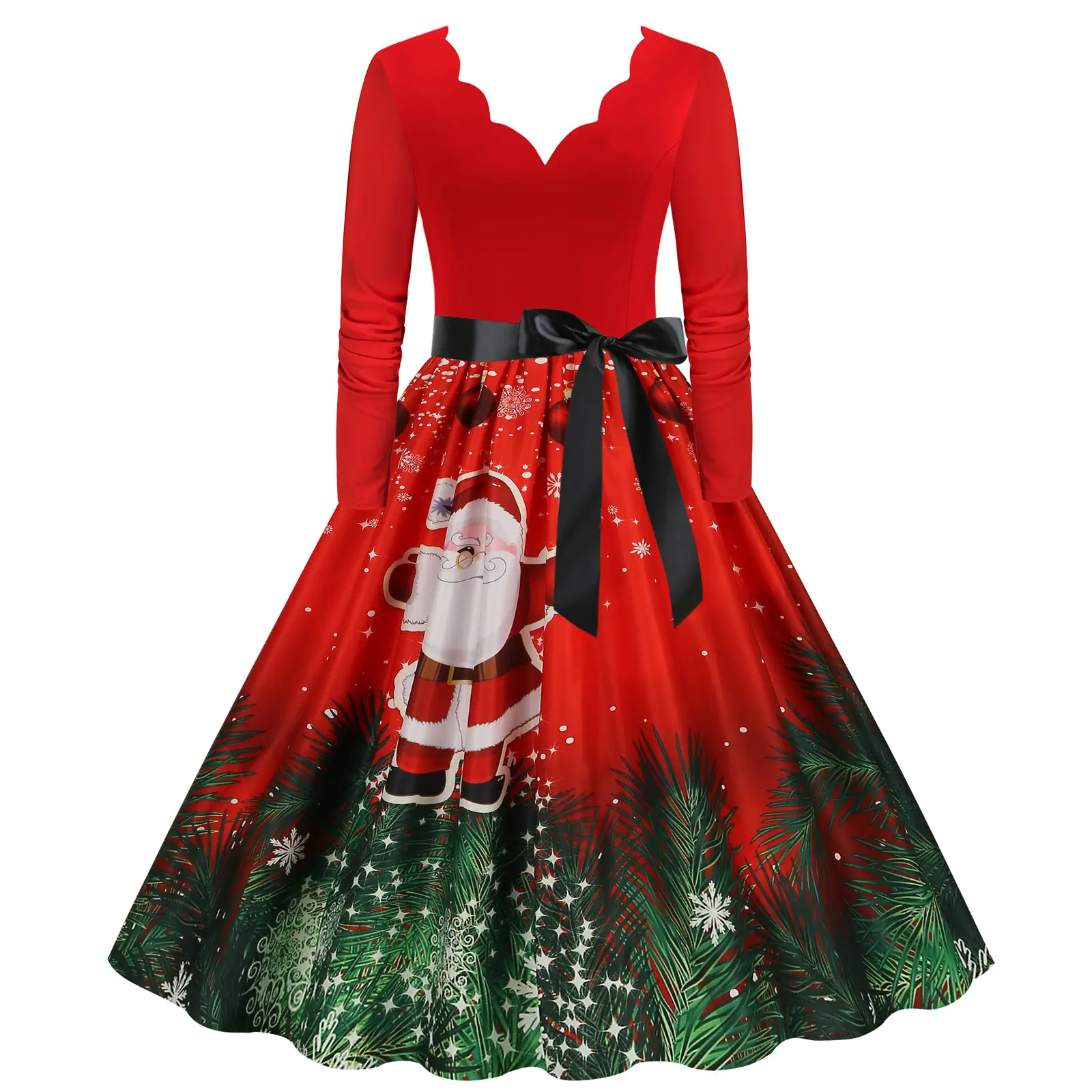 Red Burnt Flower Long Sleeve V-Neck Dress for Women