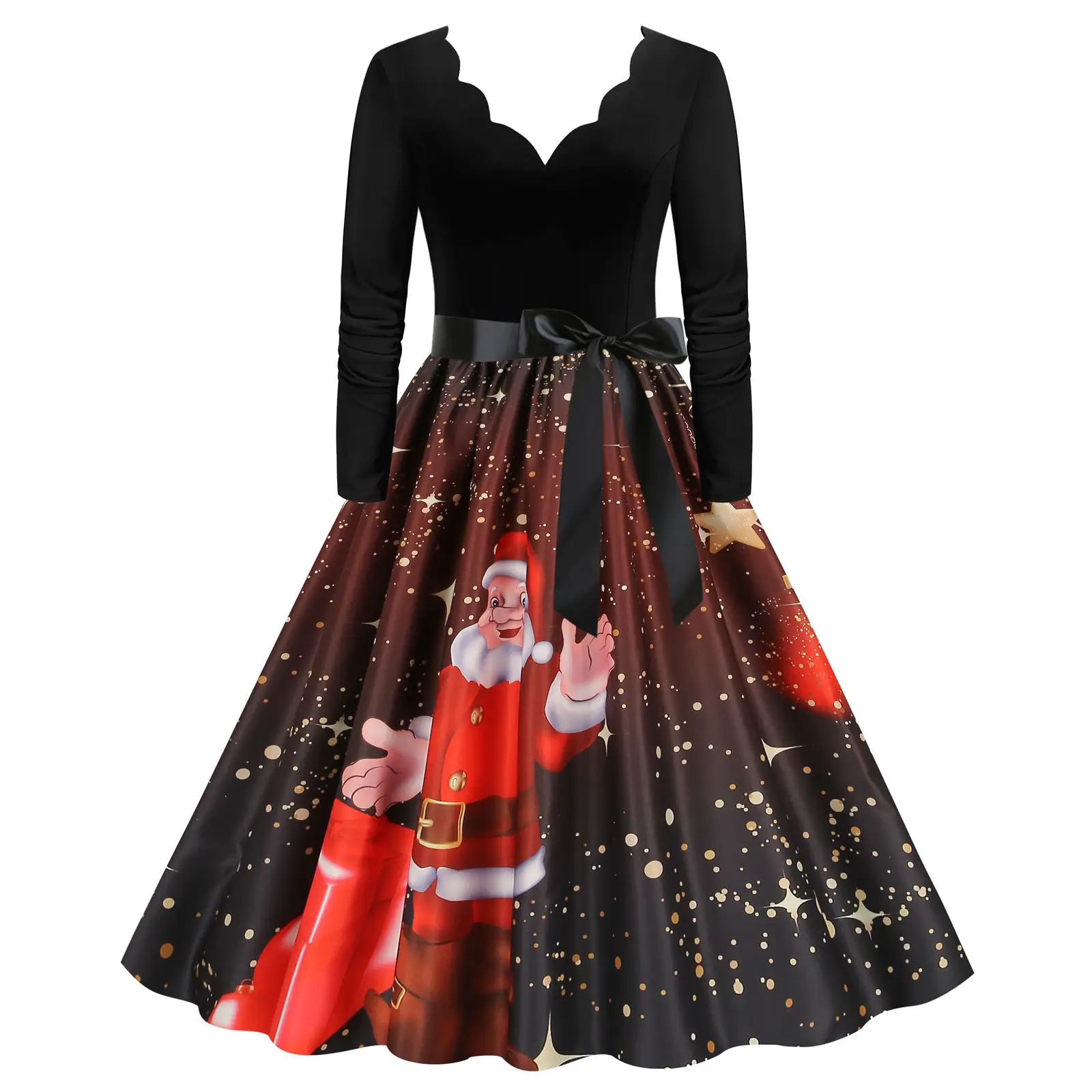 Red Burnt Flower Long Sleeve V-Neck Dress for Women
