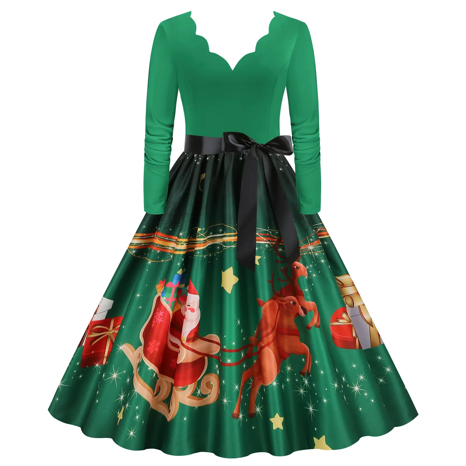 Red Burnt Flower Long Sleeve V-Neck Dress for Women