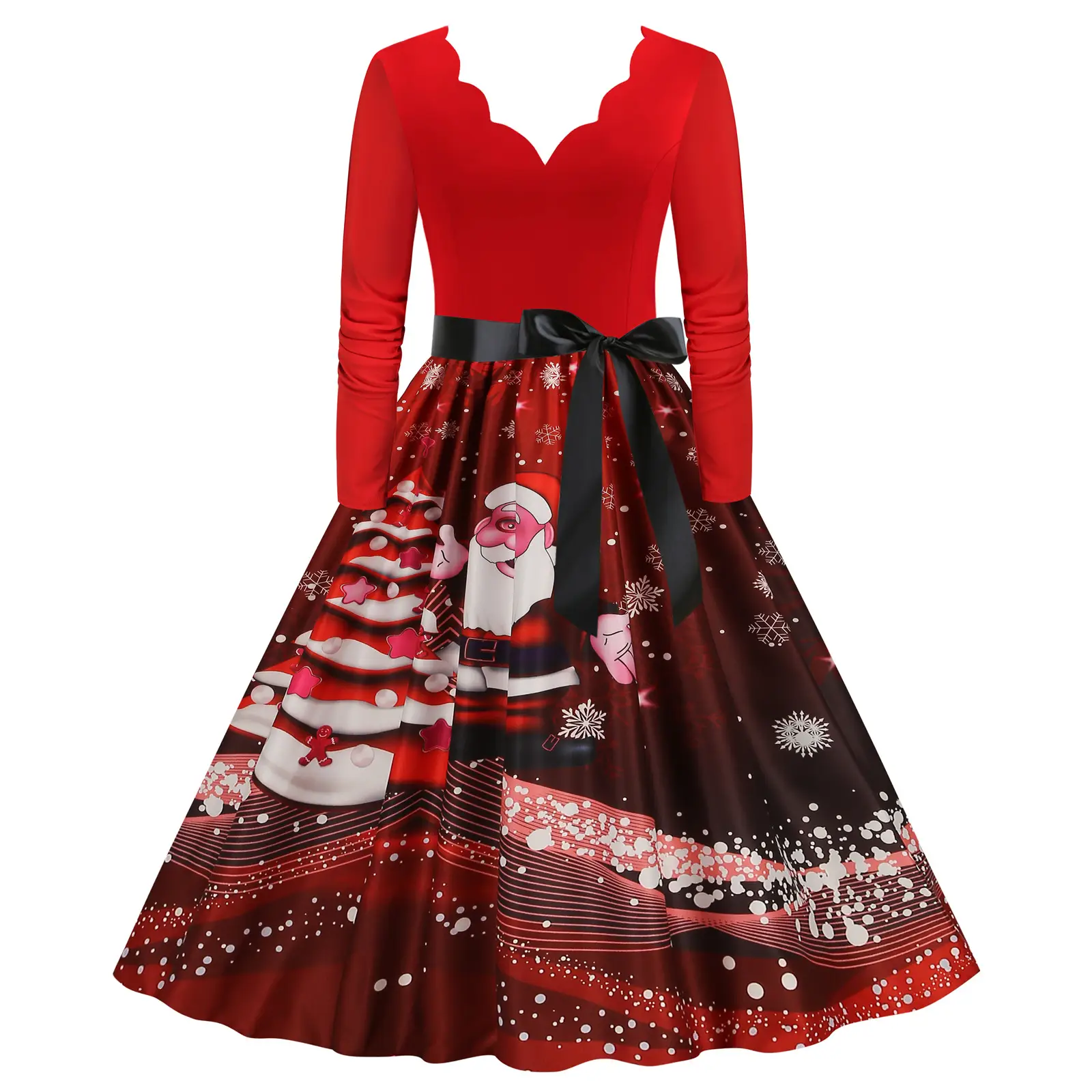 Red Burnt Flower Long Sleeve V-Neck Dress for Women