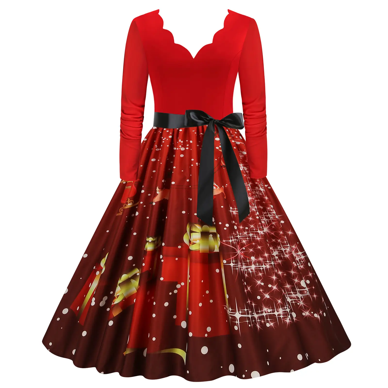 Red Burnt Flower Long Sleeve V-Neck Dress for Women
