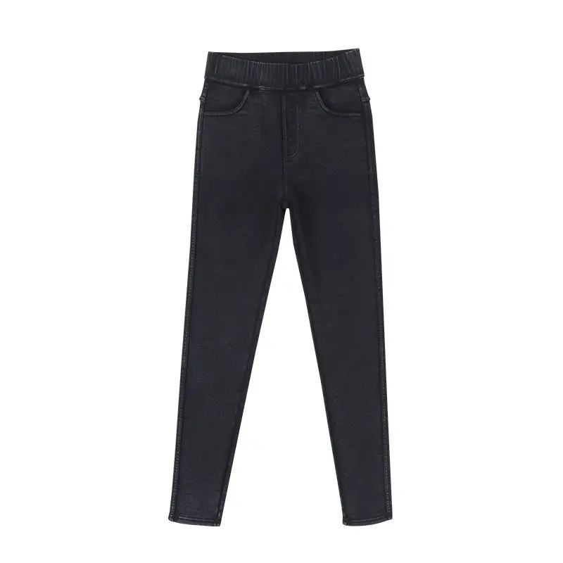 Women Fleece Lined Thick High Waist Denim Leggings Black - Image 19