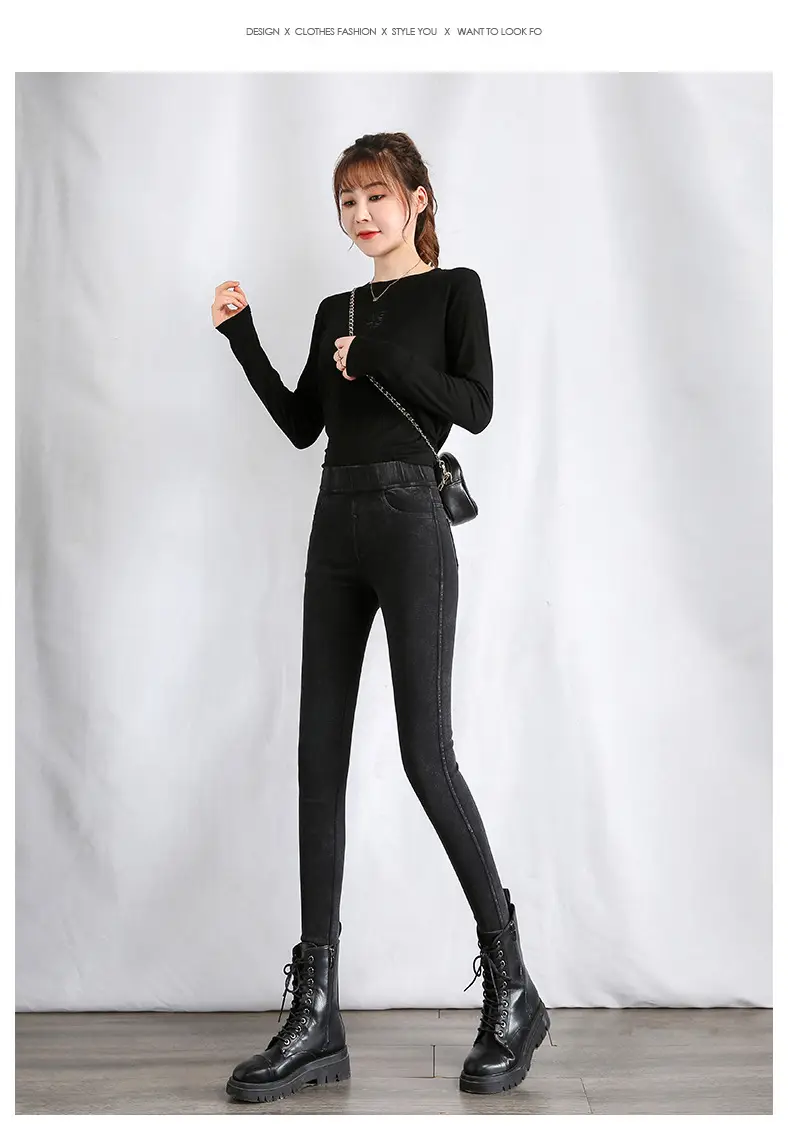 Women Fleece Lined Thick High Waist Denim Leggings Black — feature 19