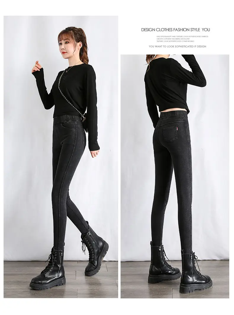 Women Fleece Lined Thick High Waist Denim Leggings Black — feature 20