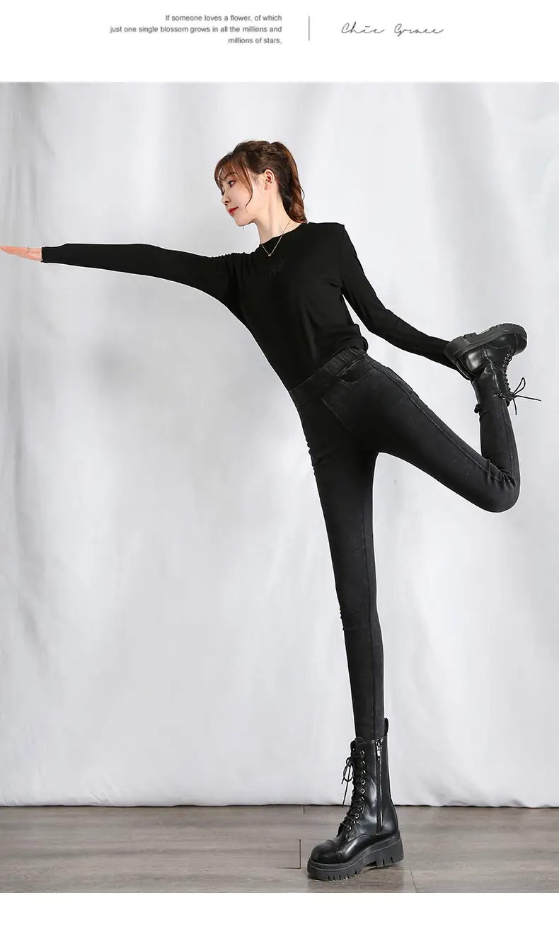 Women Fleece Lined Thick High Waist Denim Leggings Black — feature 21