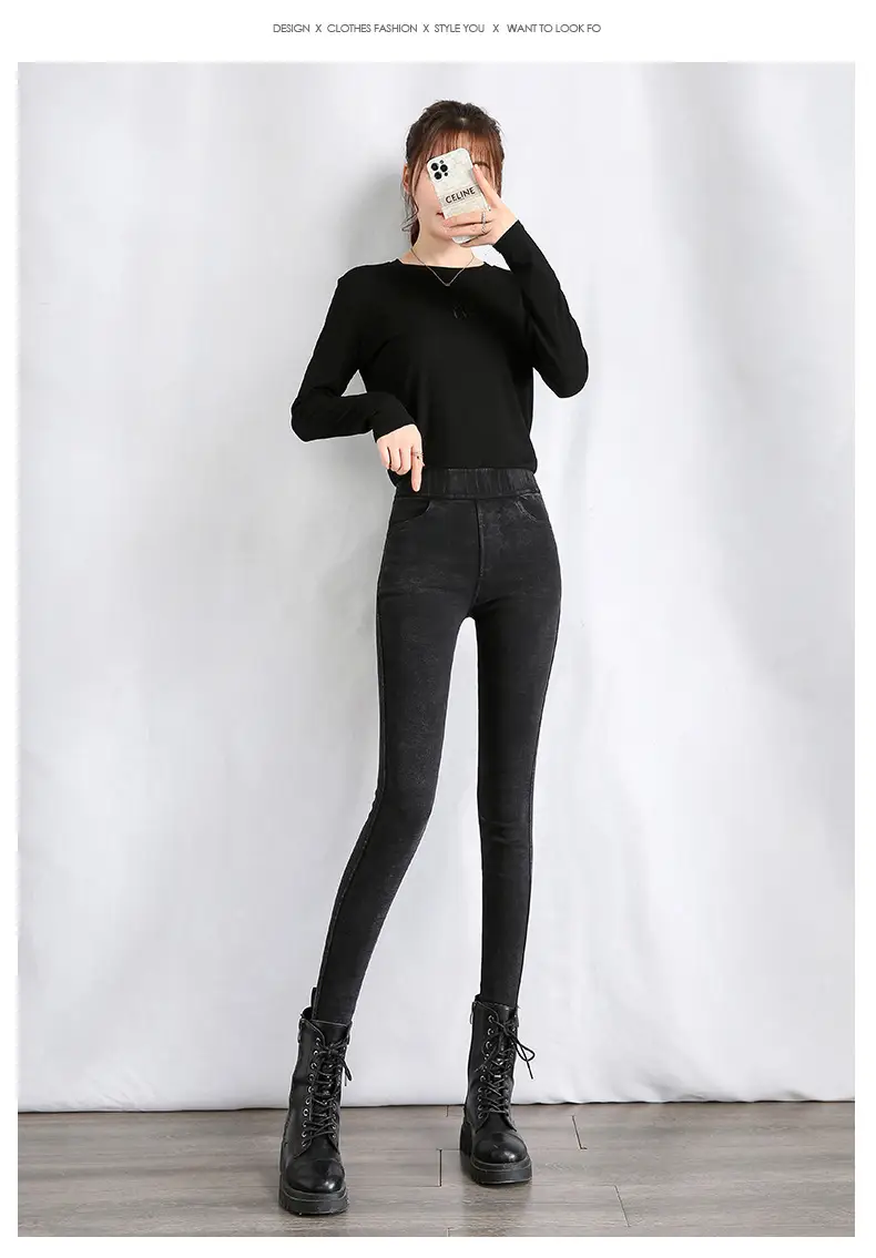 Women Fleece Lined Thick High Waist Denim Leggings Black — feature 22