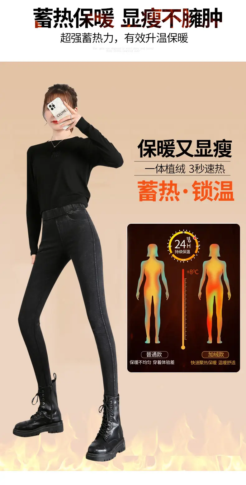 Women Fleece Lined Thick High Waist Denim Leggings Black — feature 7