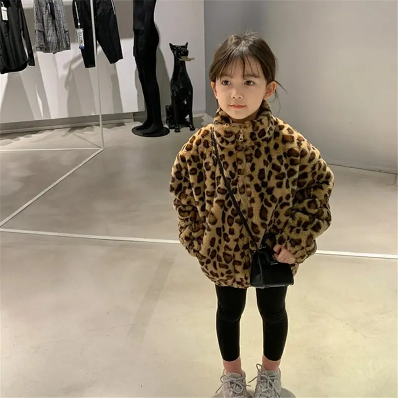 Girls Leopard Print Winter Coat Korean Style Thick Warm Woolen - Image 3
